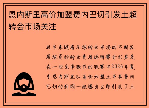 恩内斯里高价加盟费内巴切引发土超转会市场关注 恩内斯里高价加盟费内巴切引发土超转会市场关注
