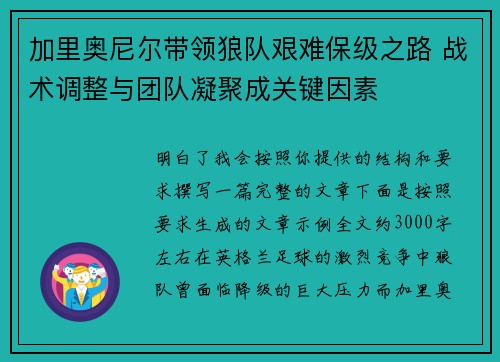 加里奥尼尔带领狼队艰难保级之路 战术调整与团队凝聚成关键因素